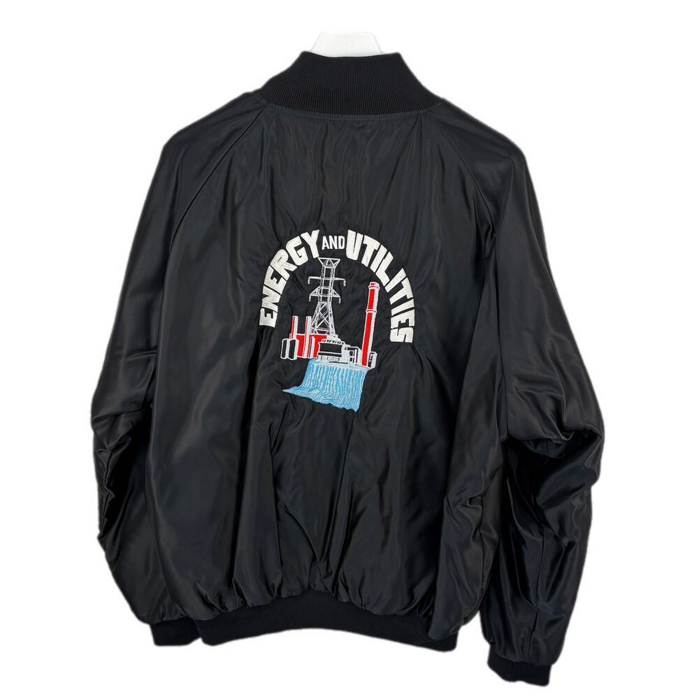 Vintage Black Satin Energy Utilities Trucker Jacket Made in USA - Men's Size XL
